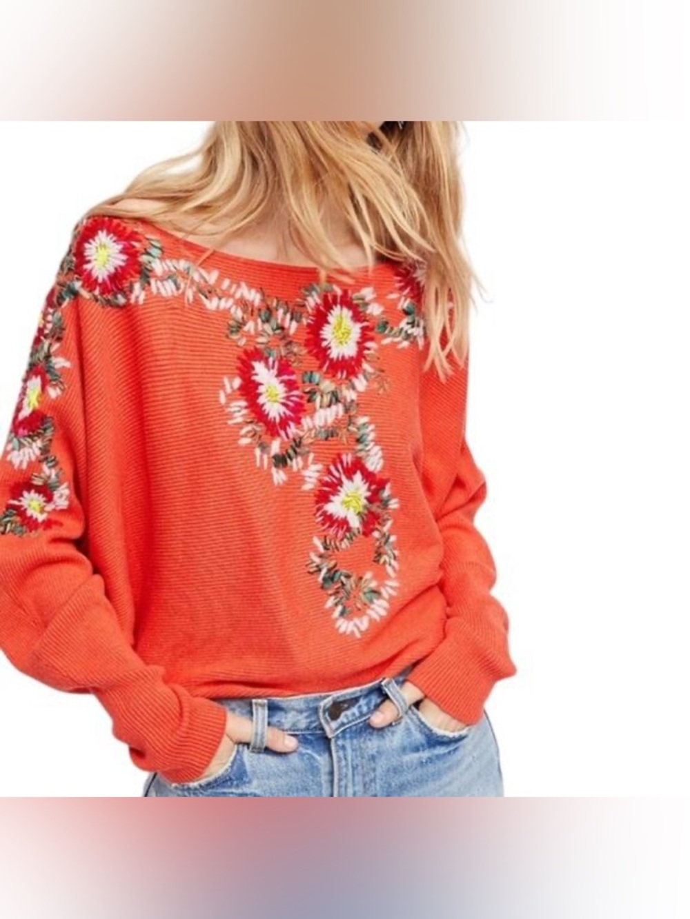 Free People Bouquet Floral dolma sleeve embroidered sweater size XS oversized
